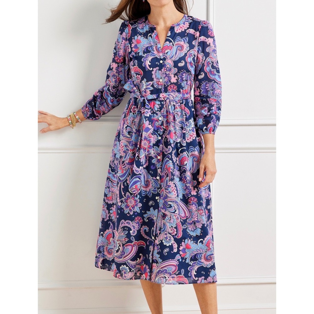 Talbots Navy Blue Paisley Floral 100 Cotton Button Front Tie Waist Midi Dress 10